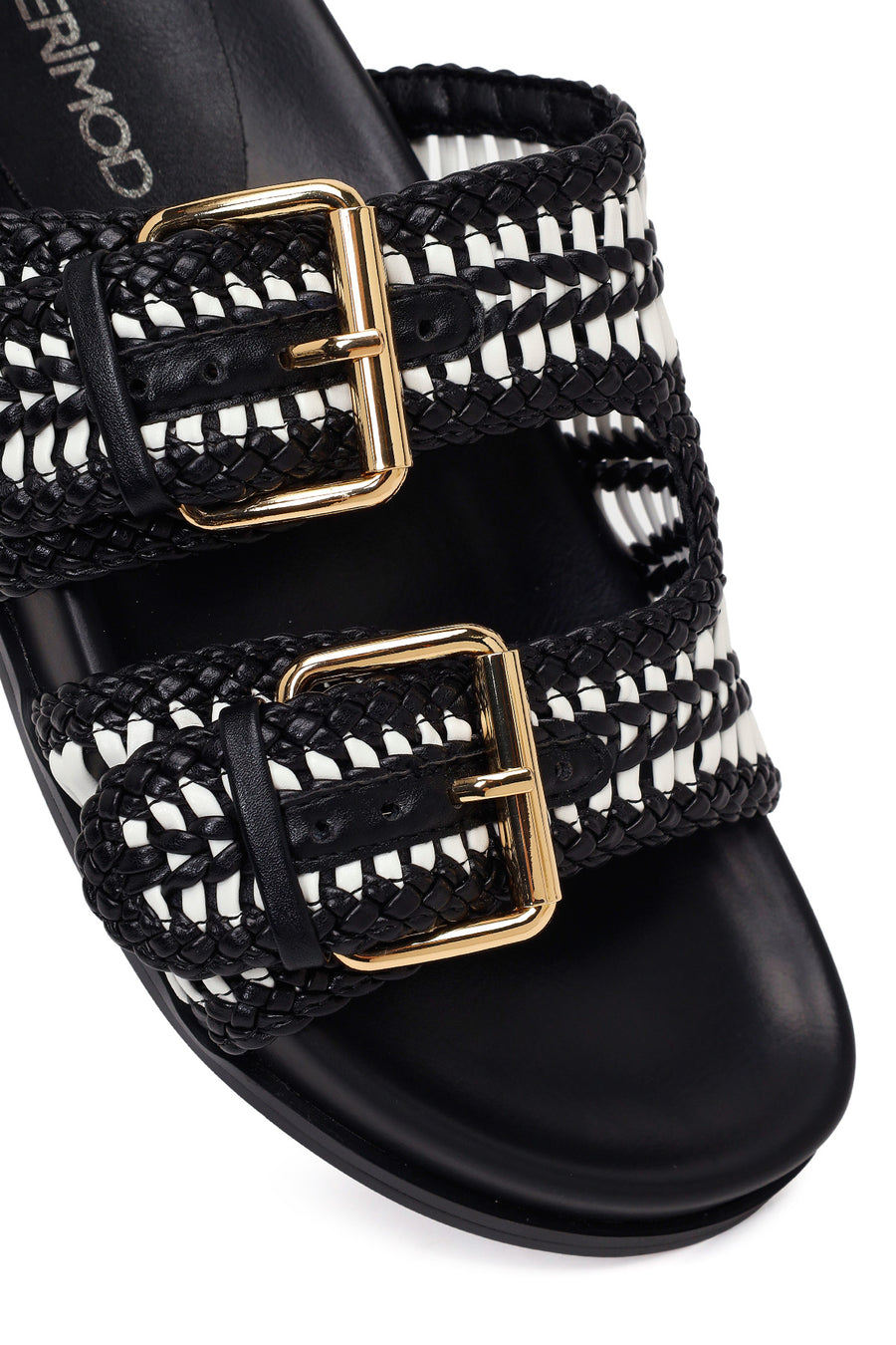 Woman Black Double-Buckle Braided Slipper