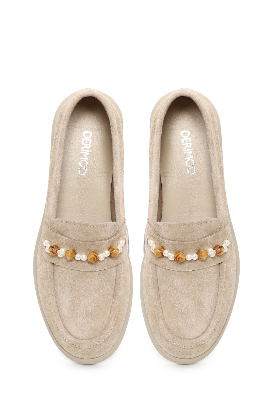Woman Beige Beaded Suede Loafer