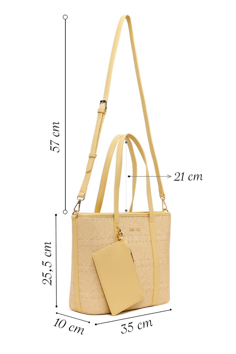 Woman Beige Patterned Wicker Shoulder Bag with Long Strap