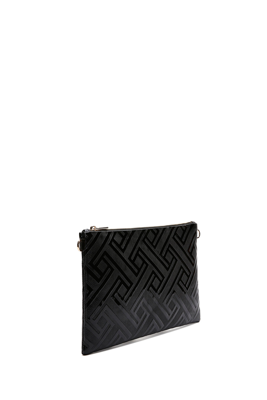 Woman Black Chain Strap Patterned Patent Leather Clutch Bag