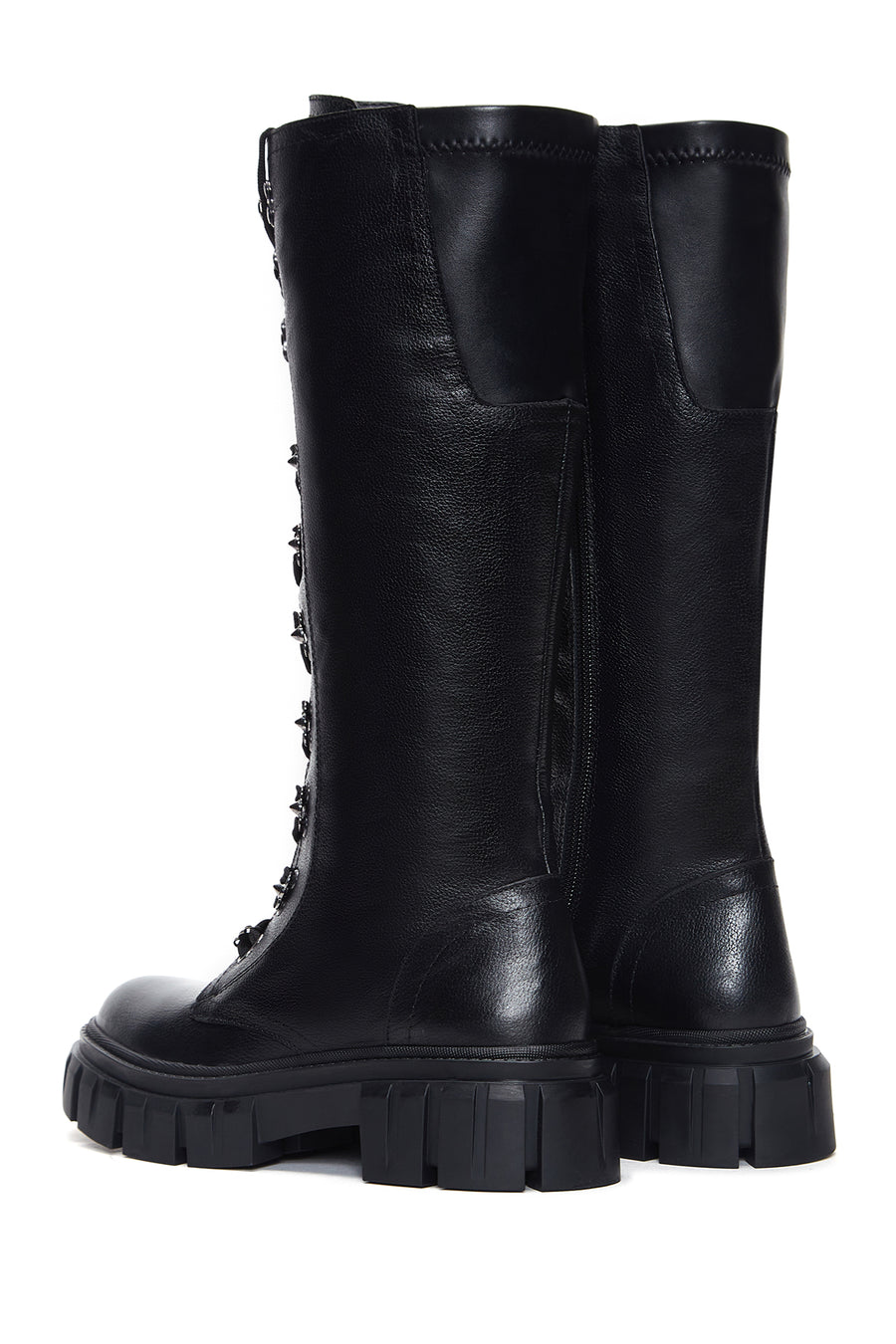 Women's Black Leather Zippered Thick Soled Boots