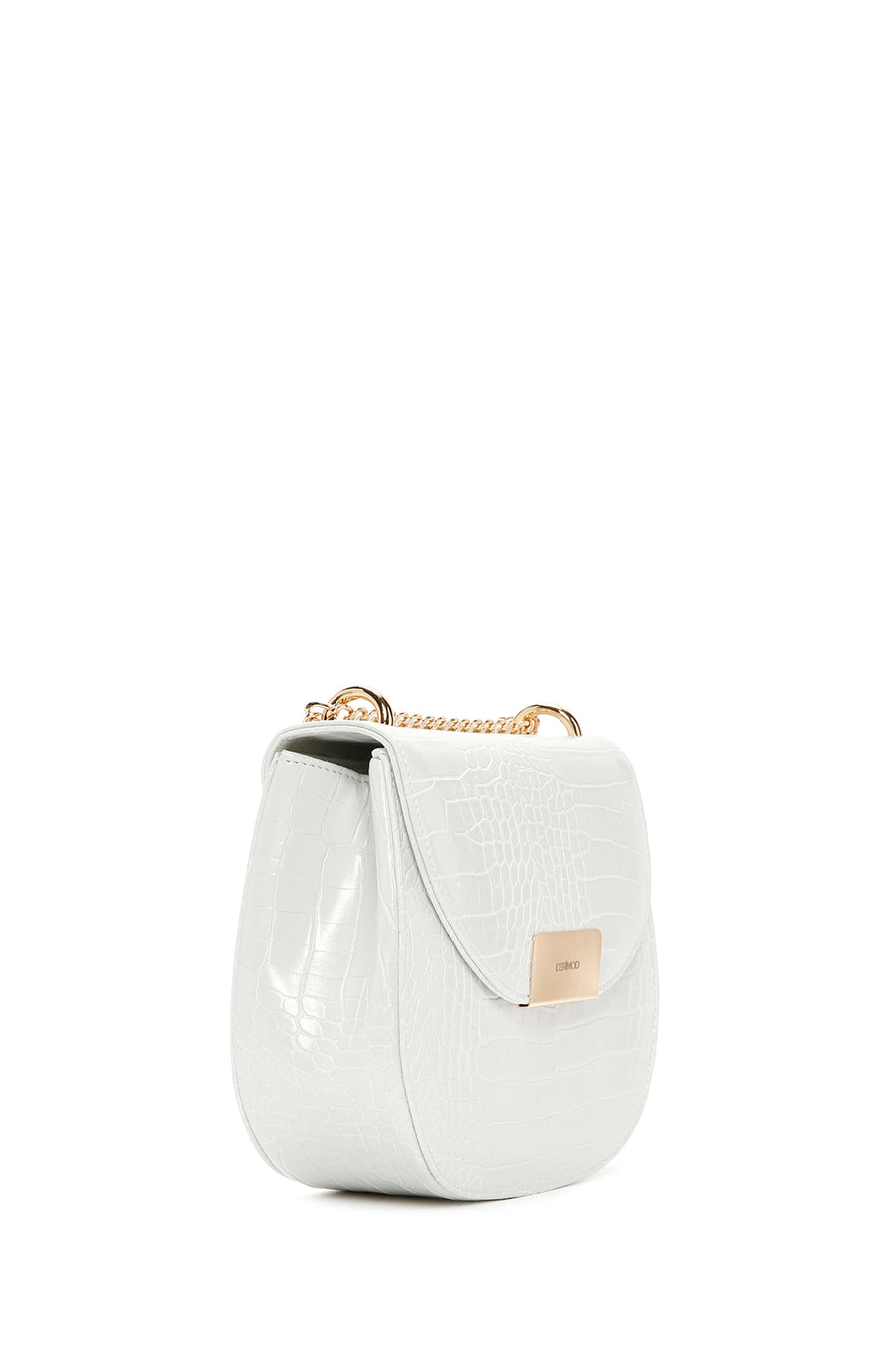 Women's White Long Chain Strap Crocodile Patterned Shoulder Bag