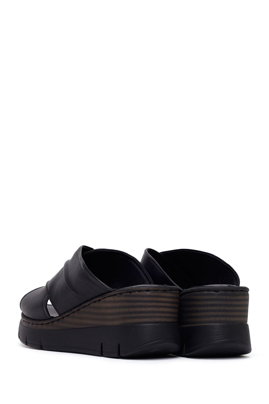 Woman Black Wedge Leather Comfort Slippers