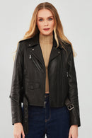 London Women's Black Biker Leather Jacket | Derimod