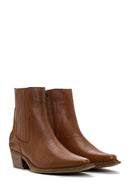 Women's Tan Leather Heeled Cowboy Boots | Derimod