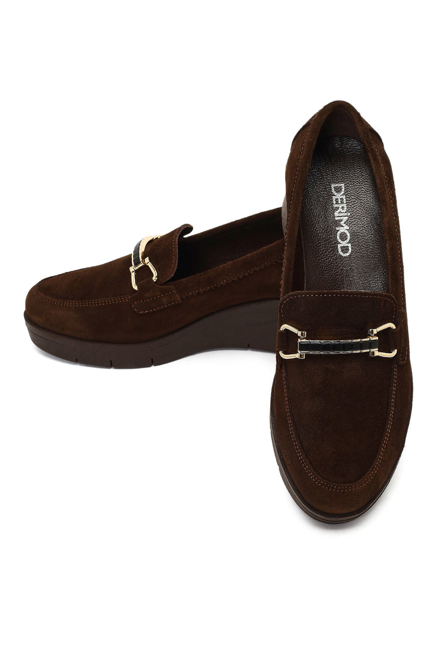 Kadın Kahverengi Tokalı Dolgu Topuklu Süet Deri Comfort Loafer