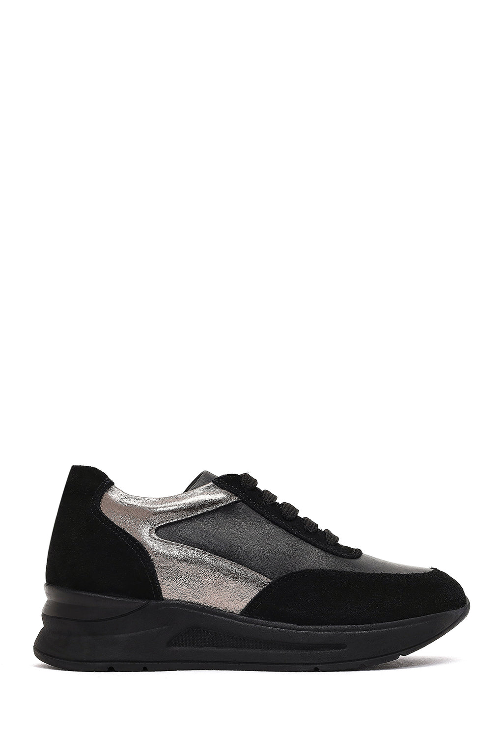 Kadın Siyah Bağcıklı Dolgu Topuklu Deri Sneaker