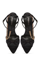 Women's Black Ankle Strap Chain Detail Satin Leather Thin High Heel Sandals | Derimod