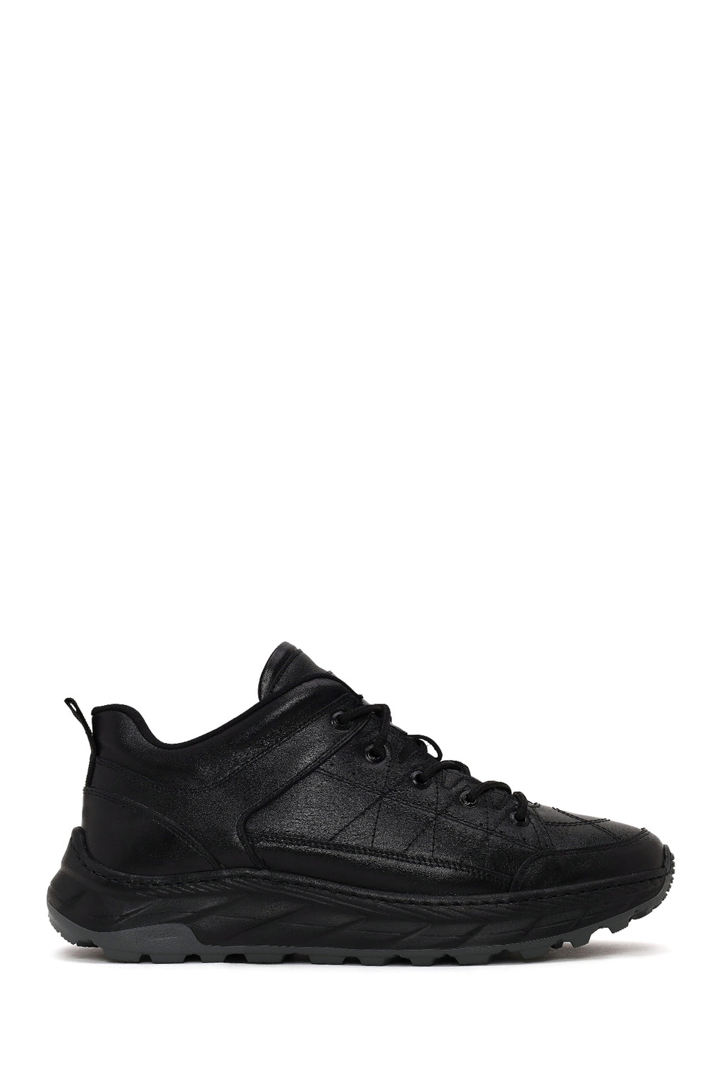 Erkek Siyah Bağcıklı Kalın Tabanlı Deri Sneaker