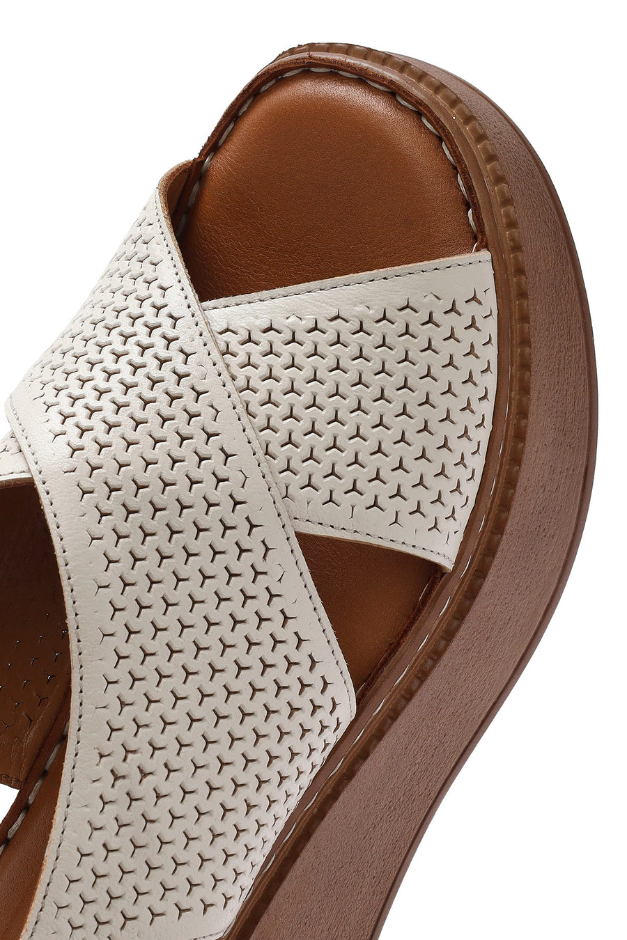 Women's Cream Ankle Strap Printed Wedge Heel Leather Comfort Sandals