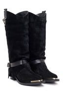 Woman Black Thick-Heeled Suede Leather Cowboy Boots | Derimod