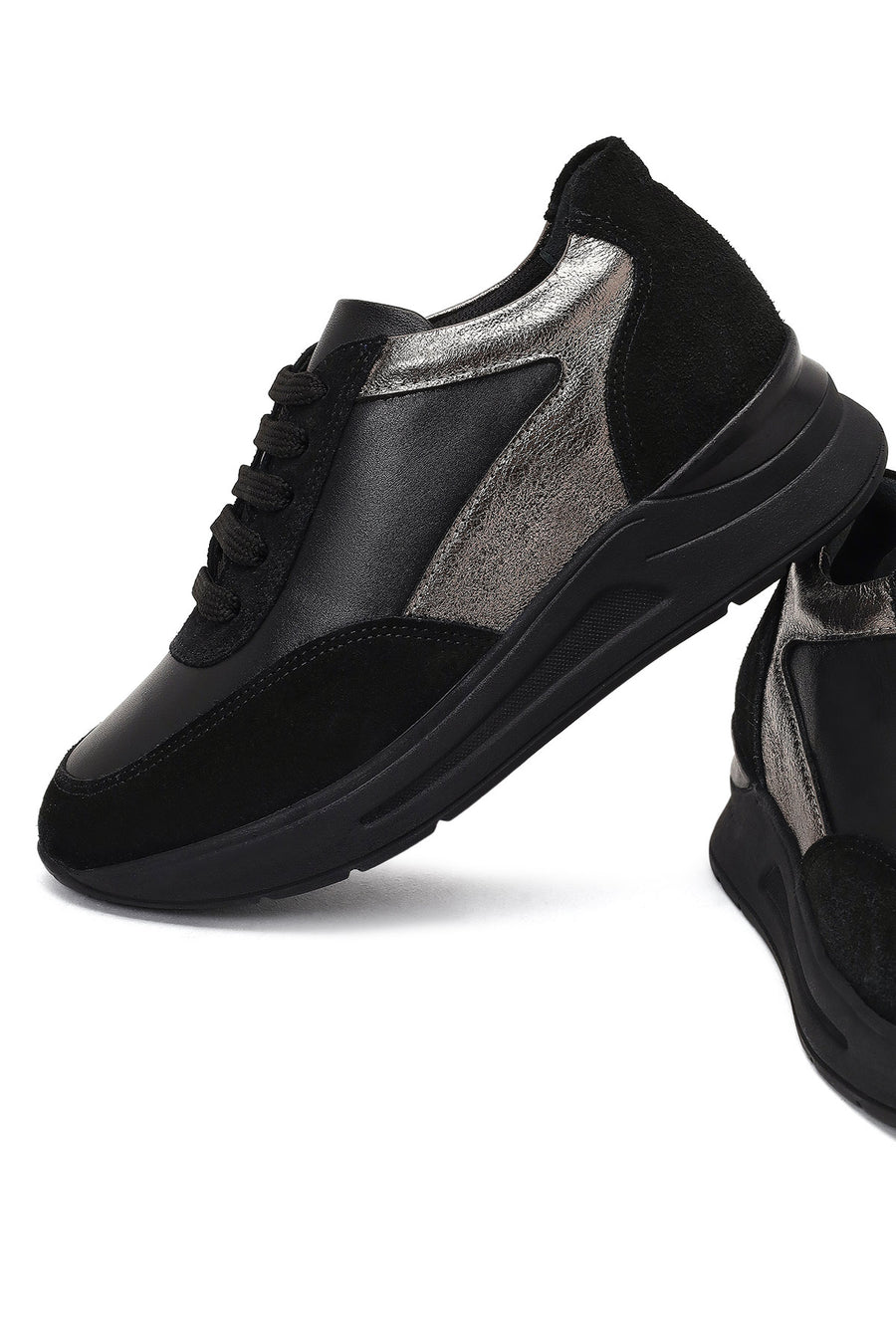 Kadın Siyah Bağcıklı Dolgu Topuklu Deri Sneaker