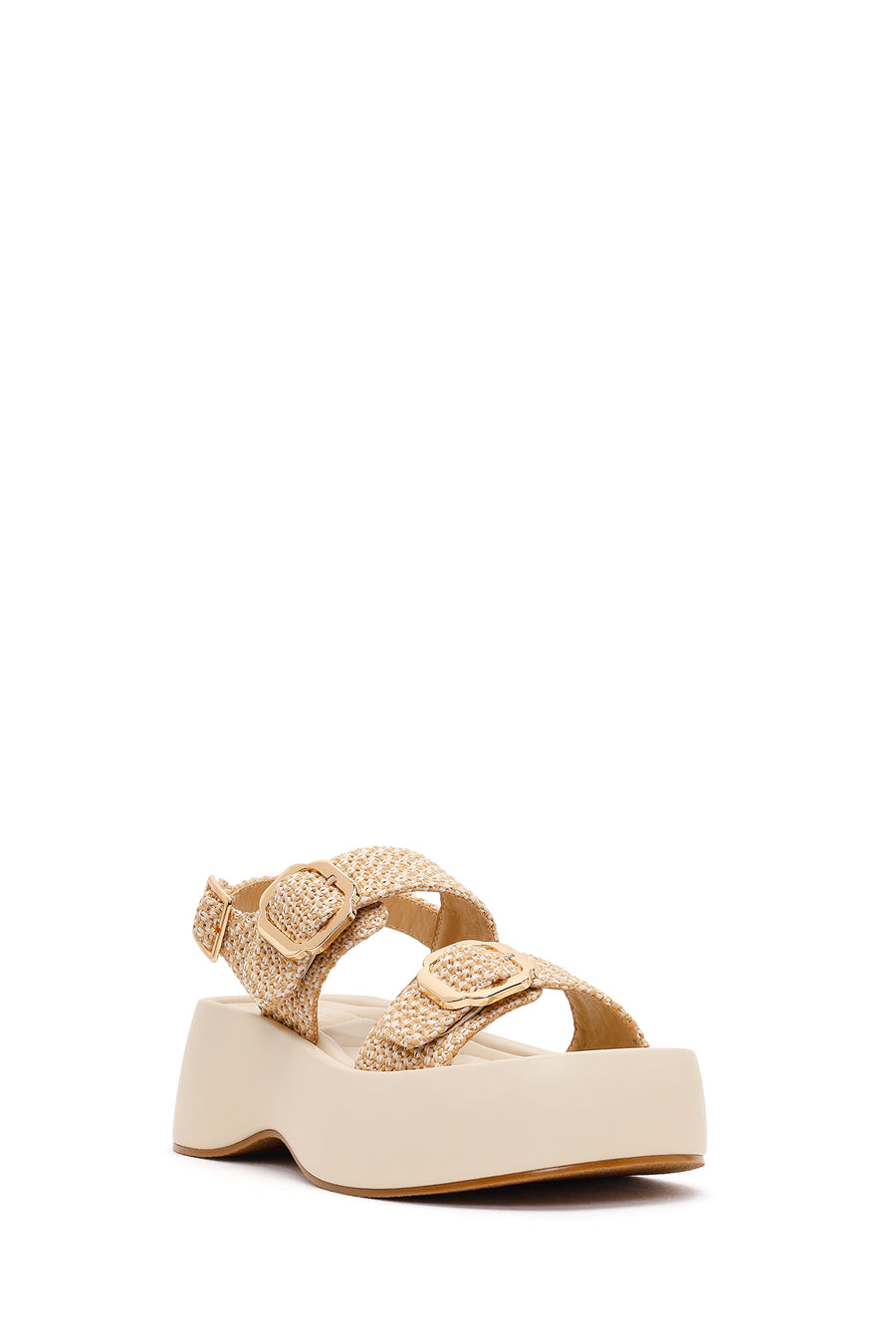 Women's Beige Double Buckle Thick-Soled Braided Sandals