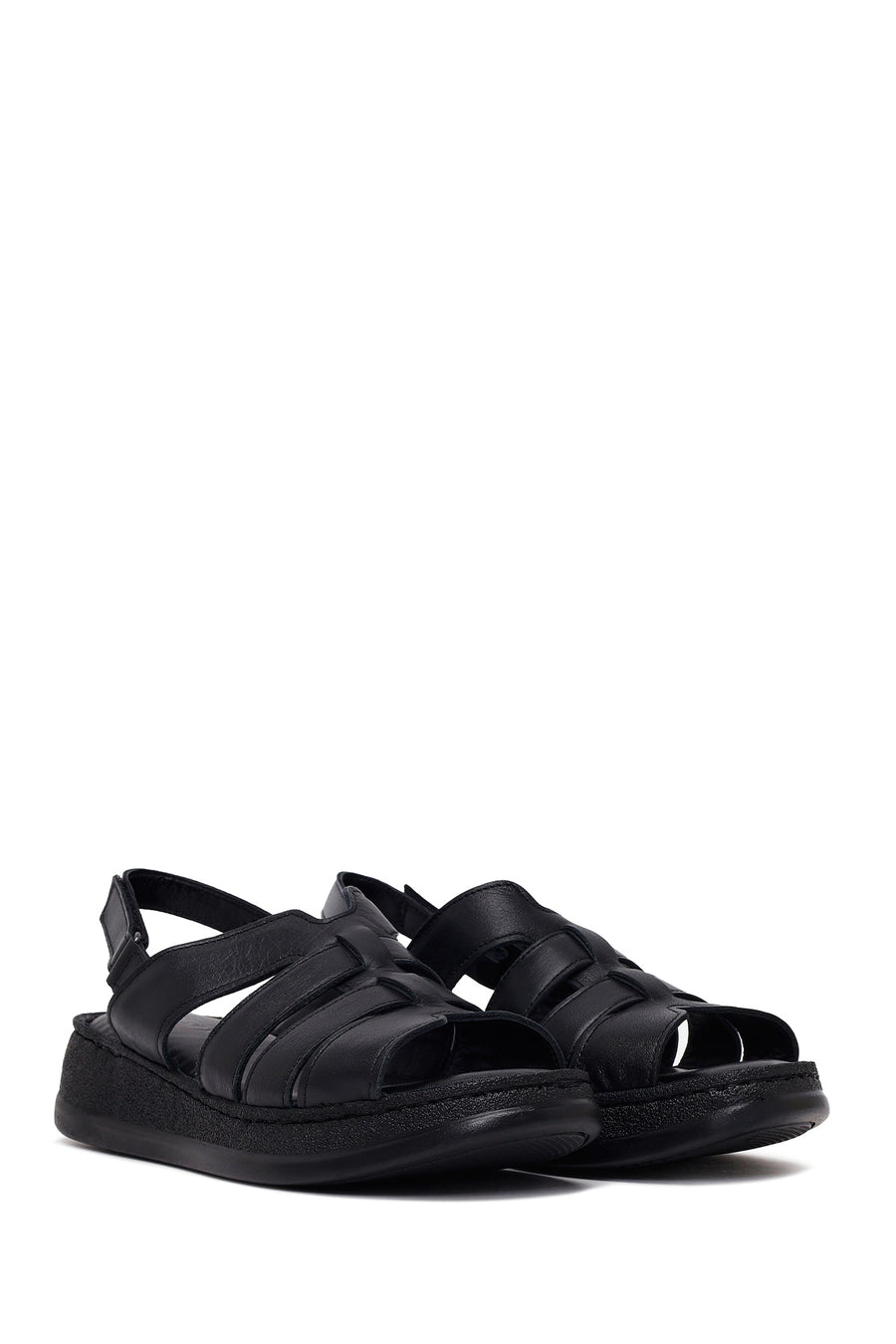 Woman Black Strappy Thick-Soled Leather Comfort Sandal