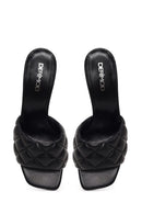 Woman Black Printed Thin-Heeled Leather Slippers | Derimod