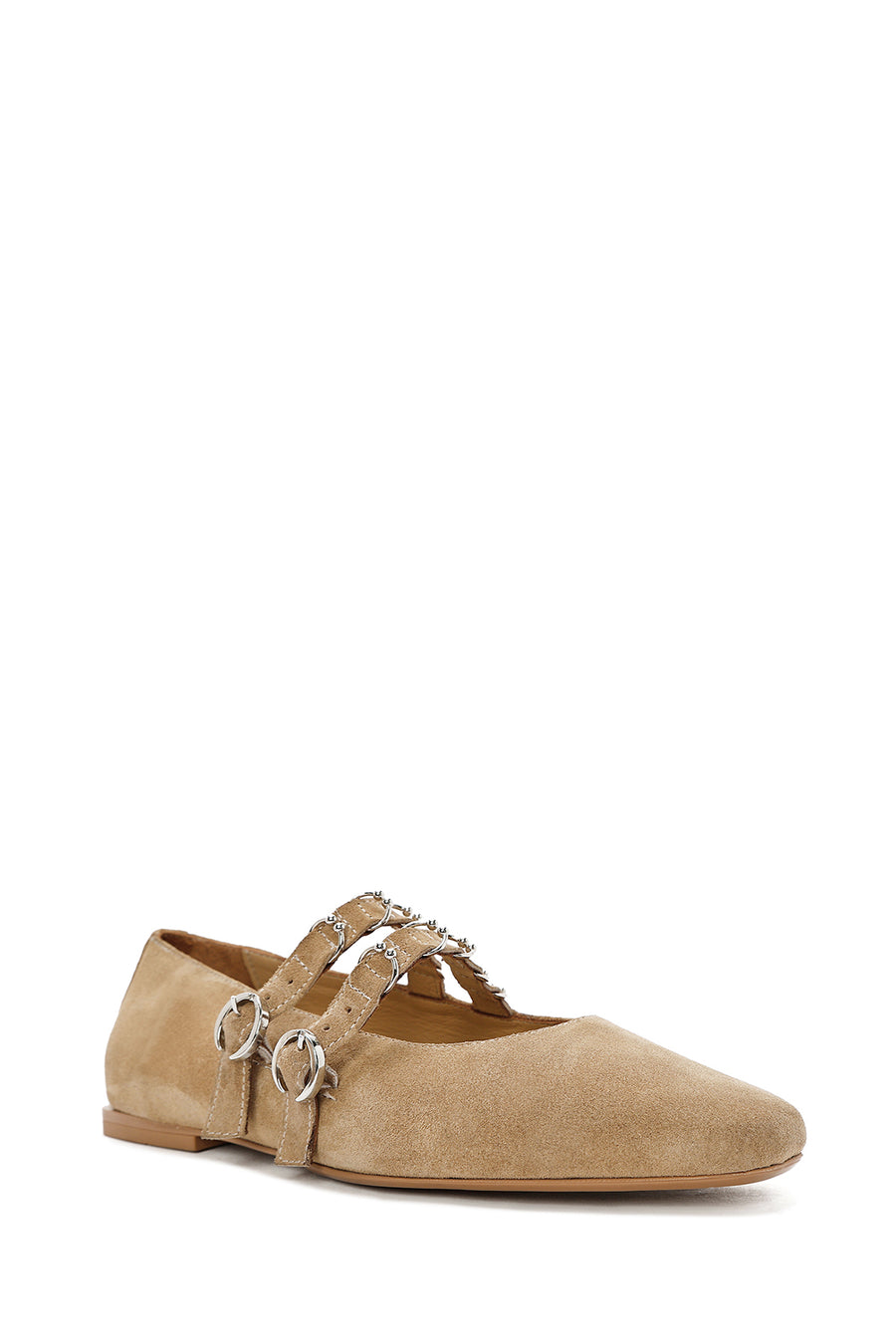Women's Mink Double Buckled Suede Leather Ballerina