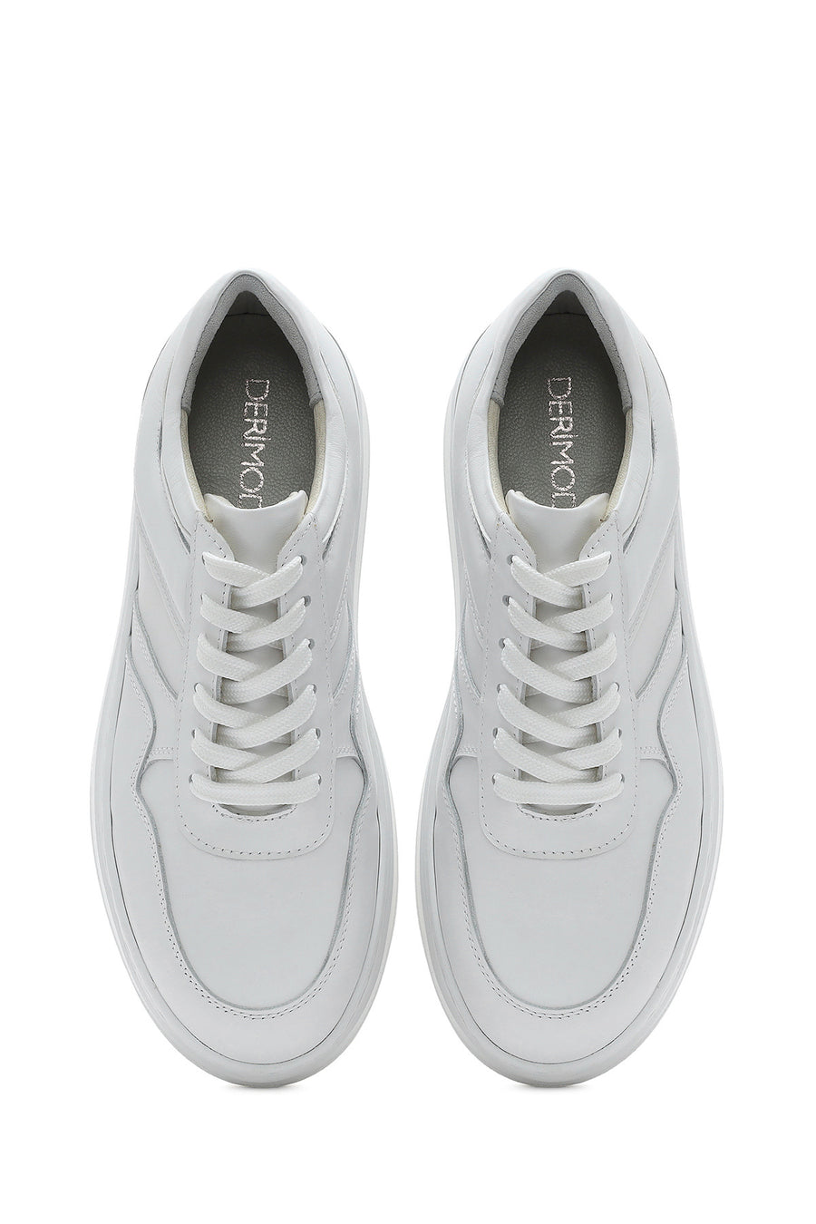 Women's White Lace-up Thick-Sole Leather Sneaker