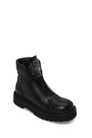 Woman Black Zip Closure Studded Thick-Soled Leather Boots | Derimod