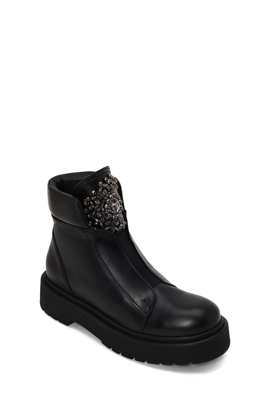 Woman Black Zip Closure Studded Thick-Soled Leather Boots