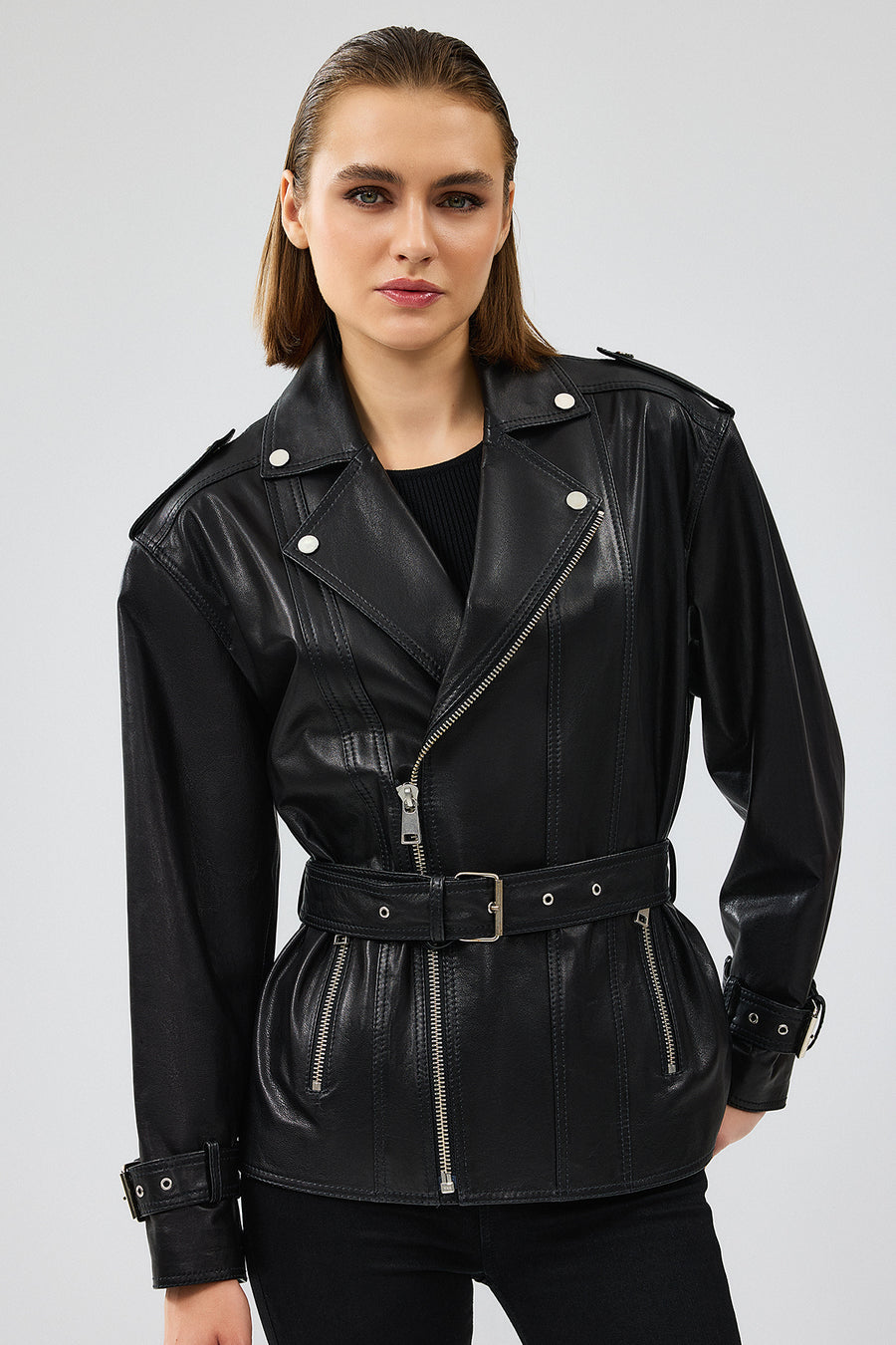 Zendaya Women's Black Belt Detailed Biker Leather Jacket