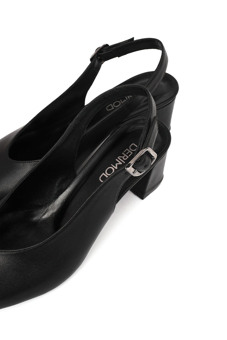 Women's Black Open Back Chunky Heel Leather Shoes