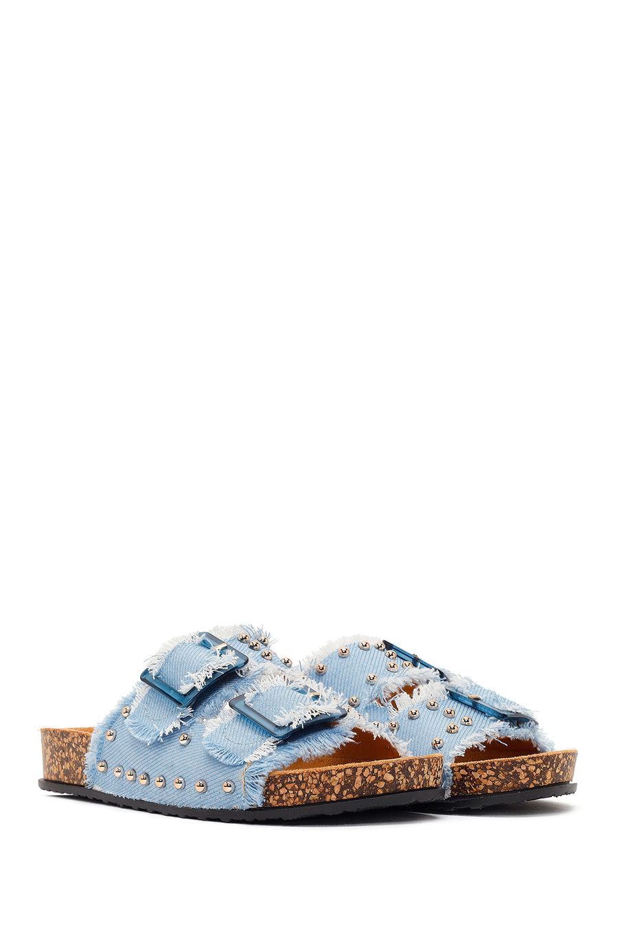 Women's Blue Double Buckle Studded Fabric Slippers