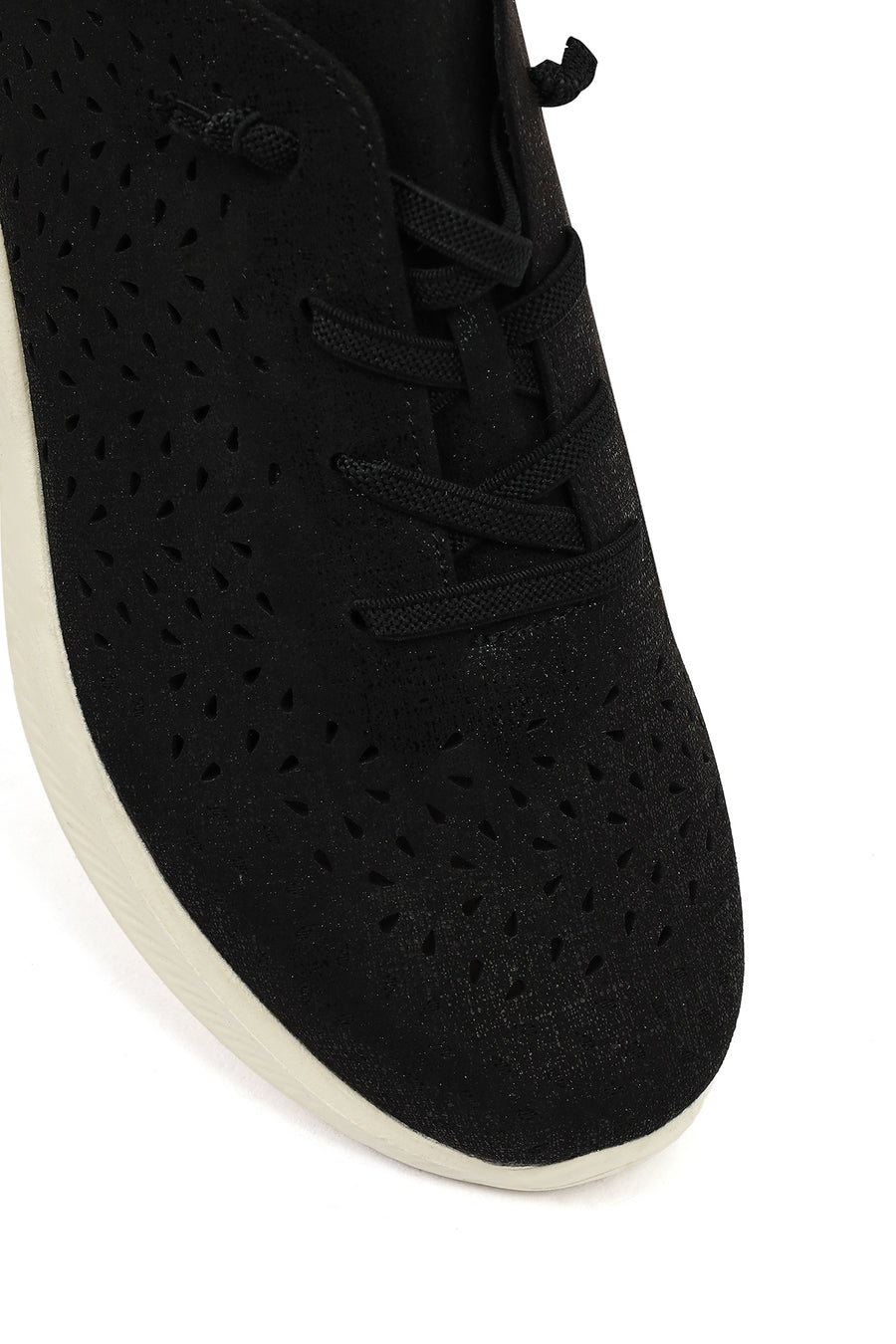 Women's Black Lace-Up Chunky Sole Patterned Fabric Comfort Sneaker