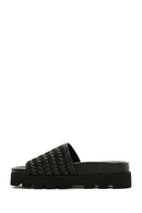 Women's Black Knit Leather Slippers | Derimod