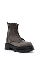 Women's Mink Lace-Up Double Zipper Detailed Thick-Soled Nubuck Leather Combat Boots | Derimod