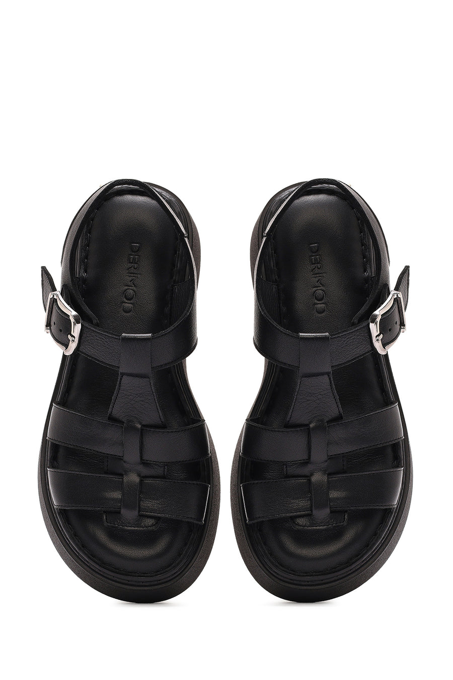 Women's Black Buckled Thick Soled Leather Comfort Sandals