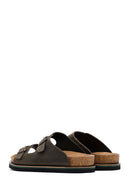 Men's Khaki Double Buckle Nubuck Leather Slippers | Derimod
