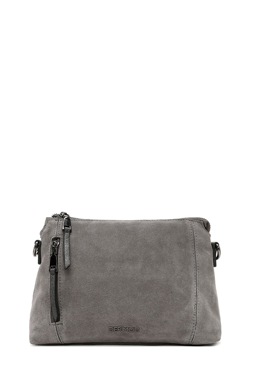 Woman Gray Long-Strap Suede Crossbody Bag
