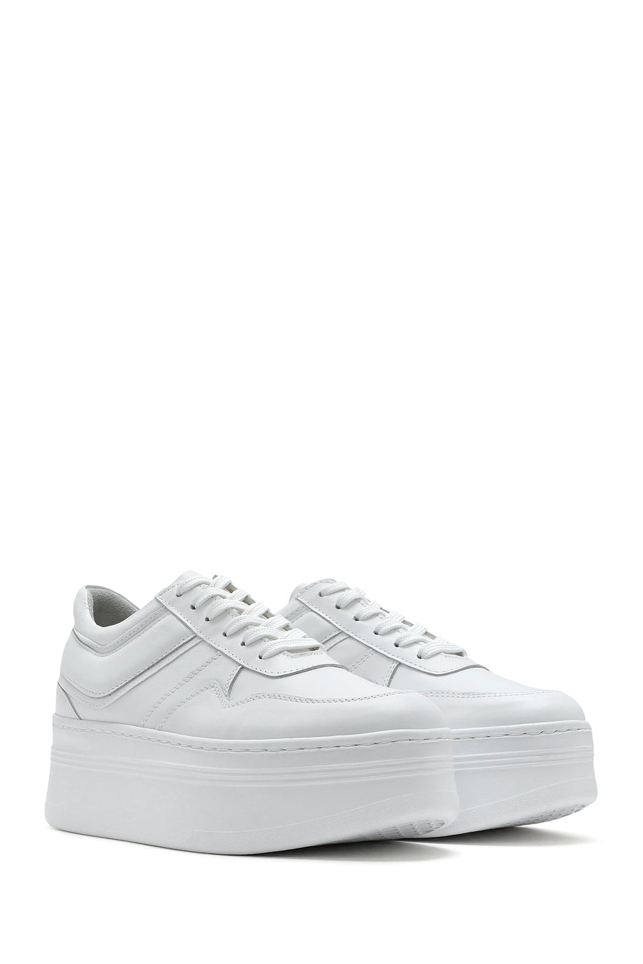 Women's White Lace-up Thick-Sole Leather Sneaker