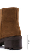 Women's Tan Short Heel Zippered Casual Suede Leather Boots | Derimod