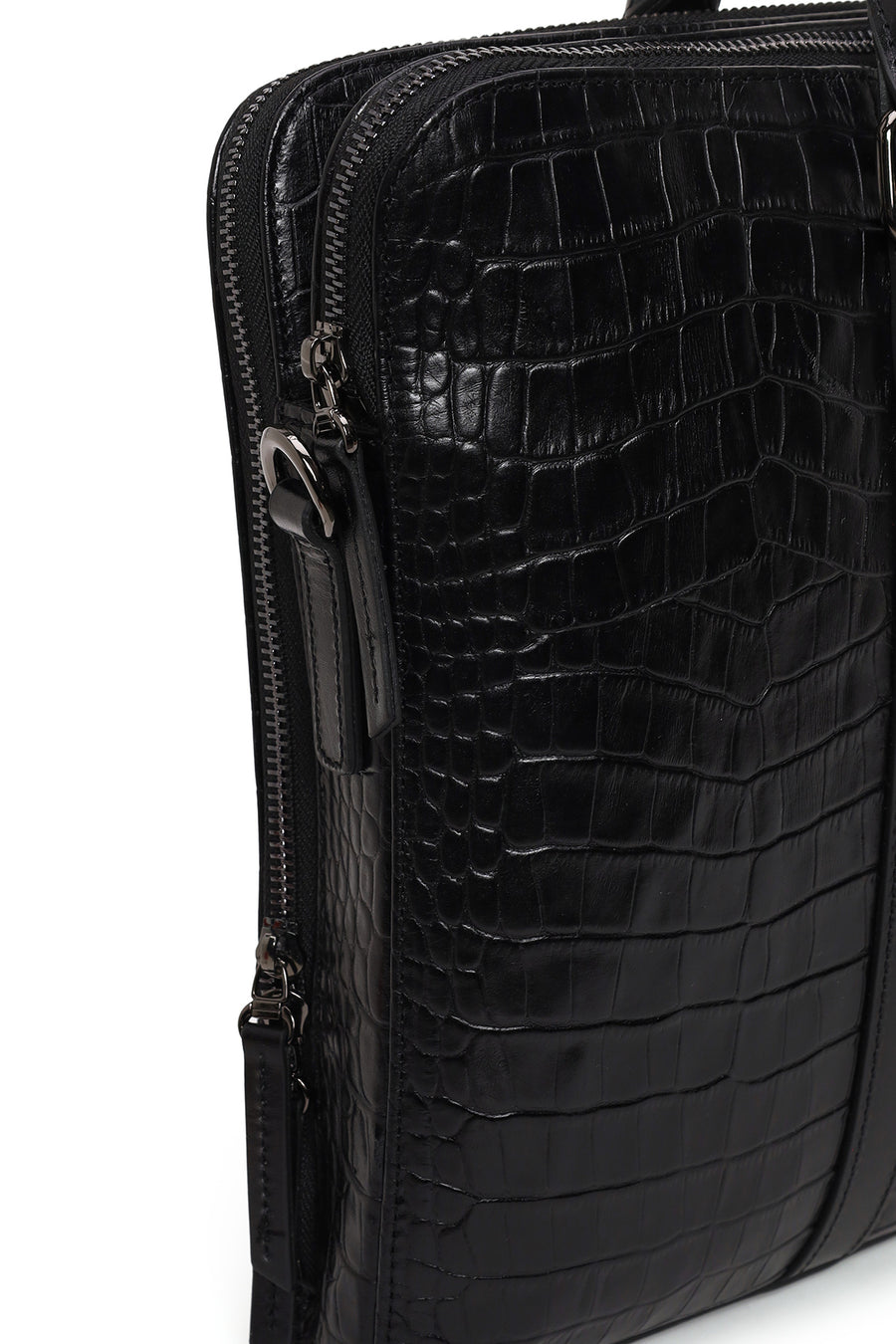 Unisex Black Long Strap Crocodile Pattern Leather Briefcase