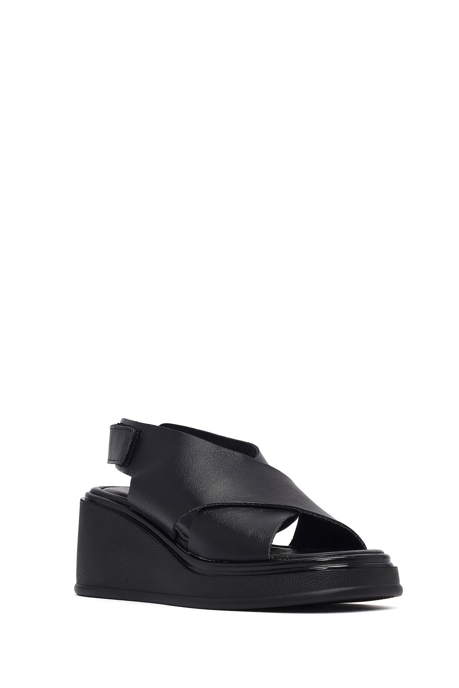 Women's Black Strapped Wedge Heel Leather Sandals