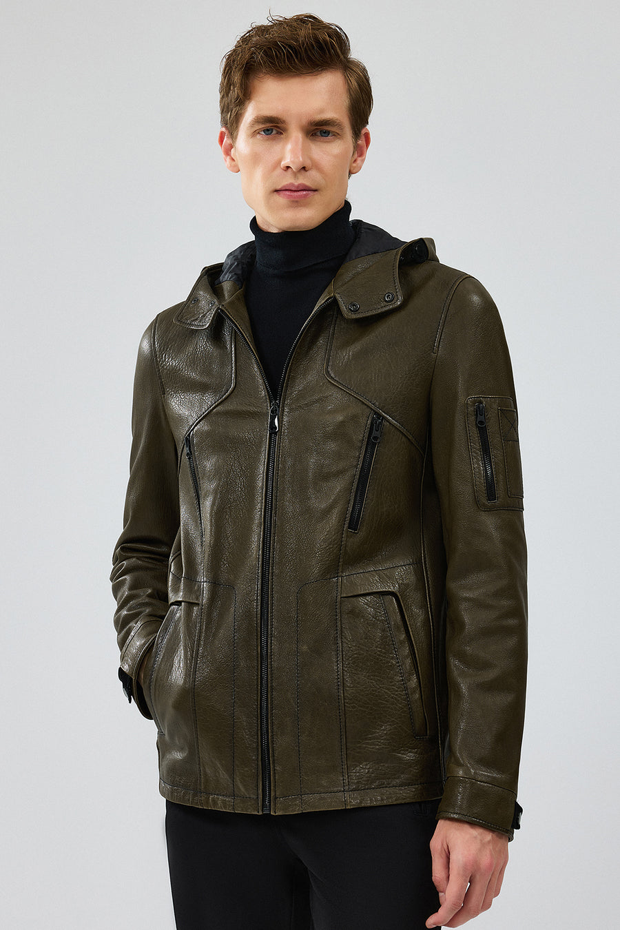 John Men's Green Hooded Leather Jacket