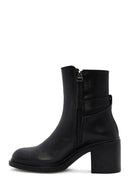 Women's Black Buckle Detailed Zippered Thick Heeled Leather Boots | Derimod