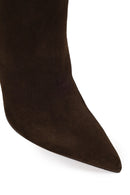 Woman Brown Zip Closure High Thin Heeled Suede Boots | Derimod