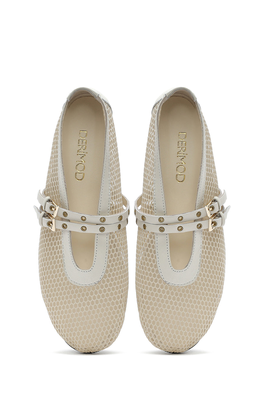 Women's Beige Buckled Mesh Fabric Ballerinas