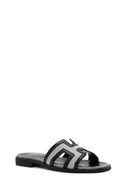 Women's Black Patterned Leather Slippers | Derimod