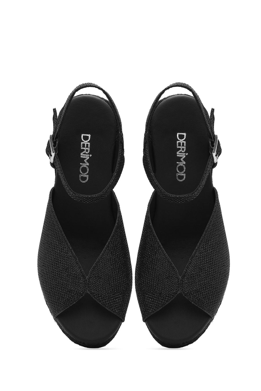 Women's Black Glitter Ankle Buckle Wedge Heel Espadrille Sandals