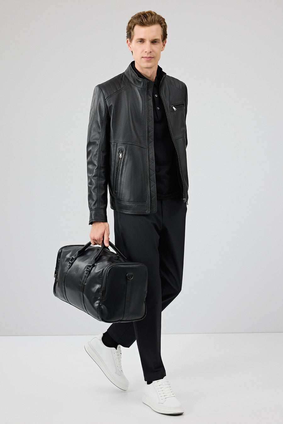 Tony Men's Black Mandarin Collar Short Leather Jacket