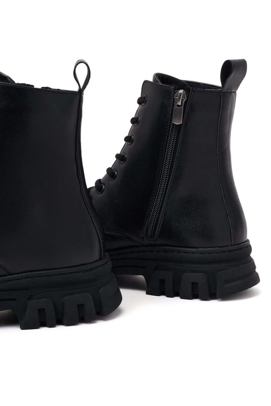 Woman Black Lace-up Zip Closure Thick-soled Combat Boots