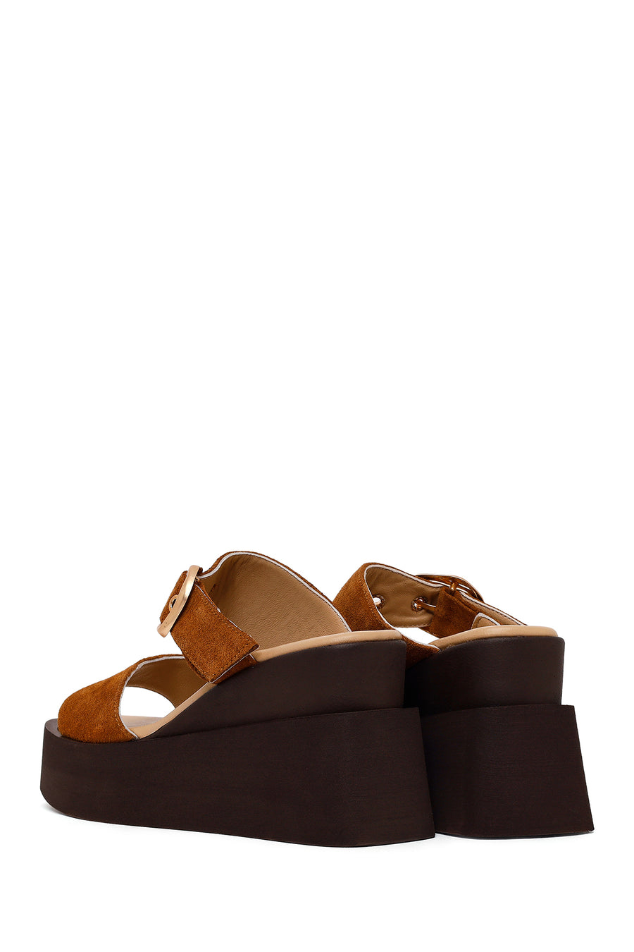 Woman Tan Buckled Wedge Heel Suede Slipper