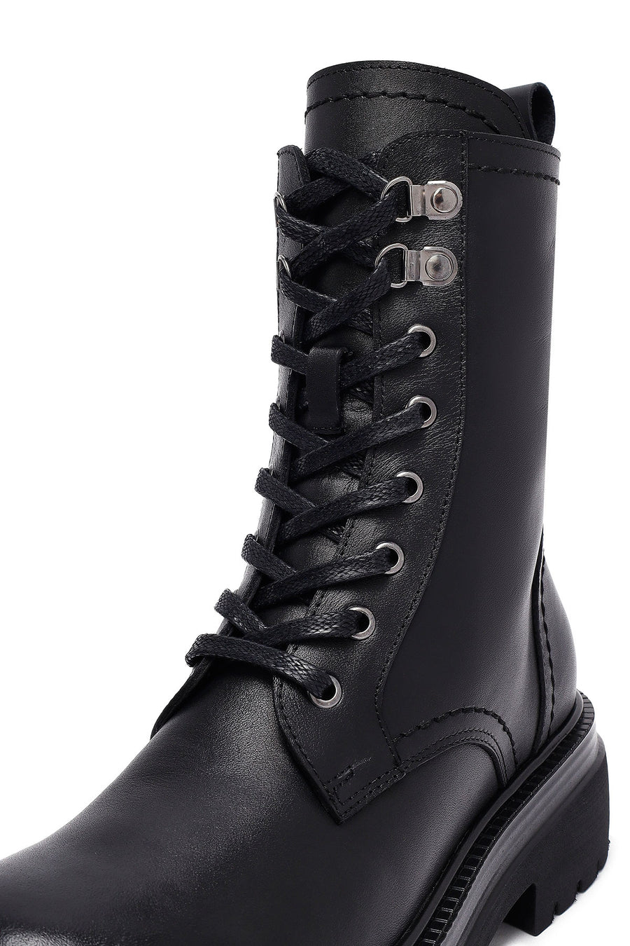 Woman Black Zip Closure Lace-Up Thick-Soled Leather Combat Boots