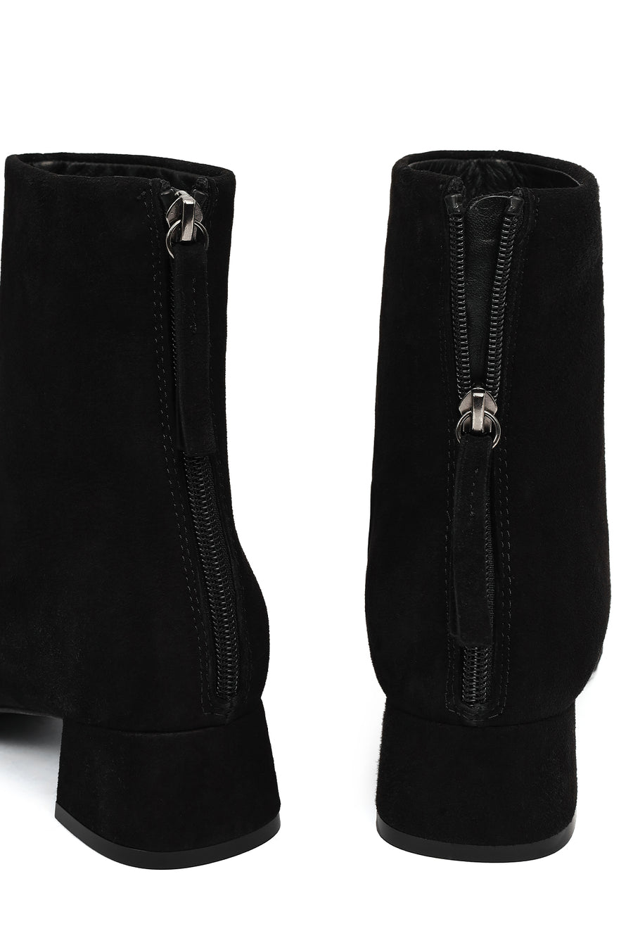 Woman Black Zip Closure Short Thick Heeled Suede Boots