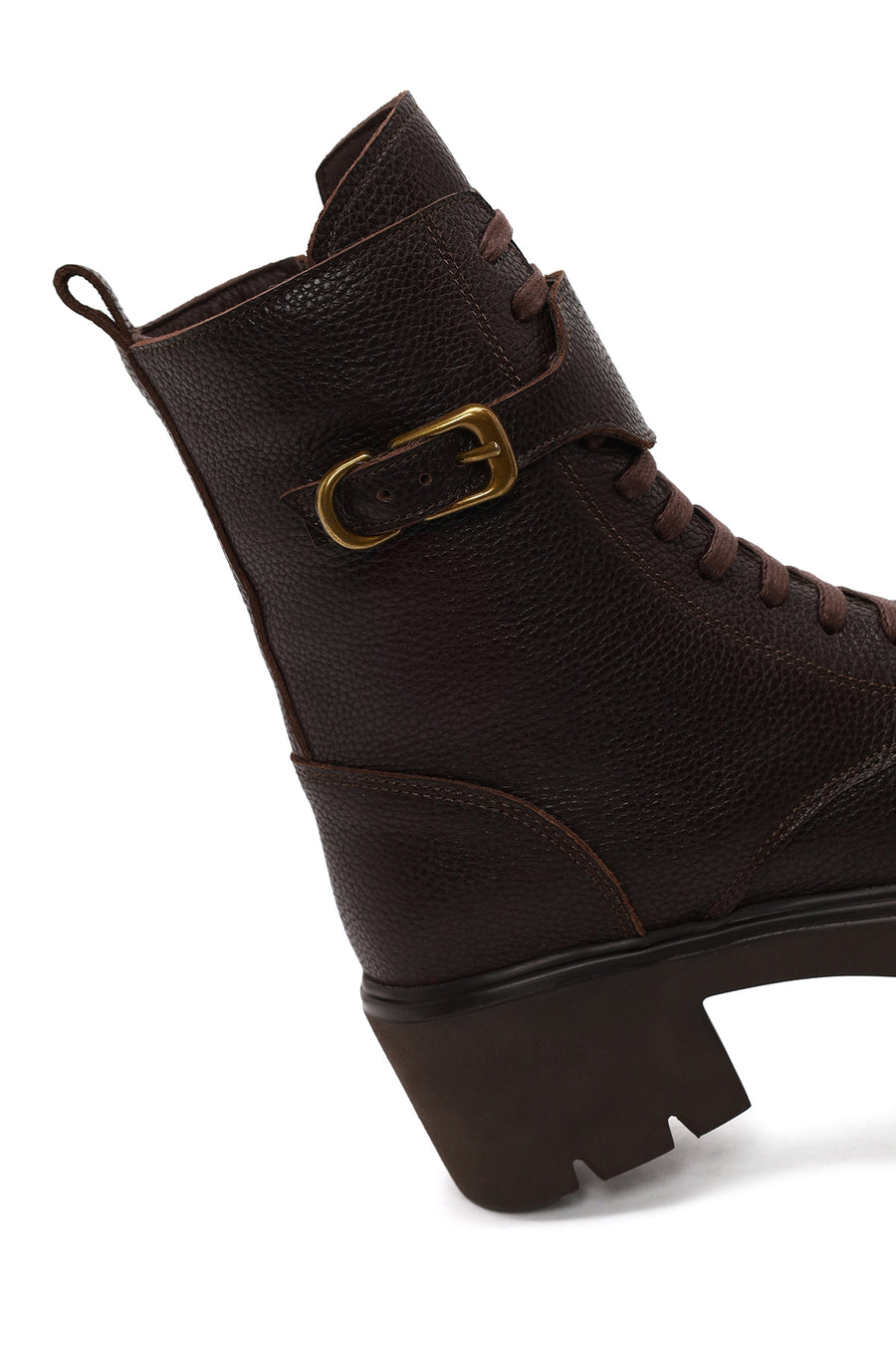 Woman Brown Zip Closure Thick-Heeled Leather Combat Boots