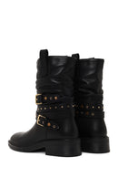 Woman Black Leather Biker Boots | Derimod