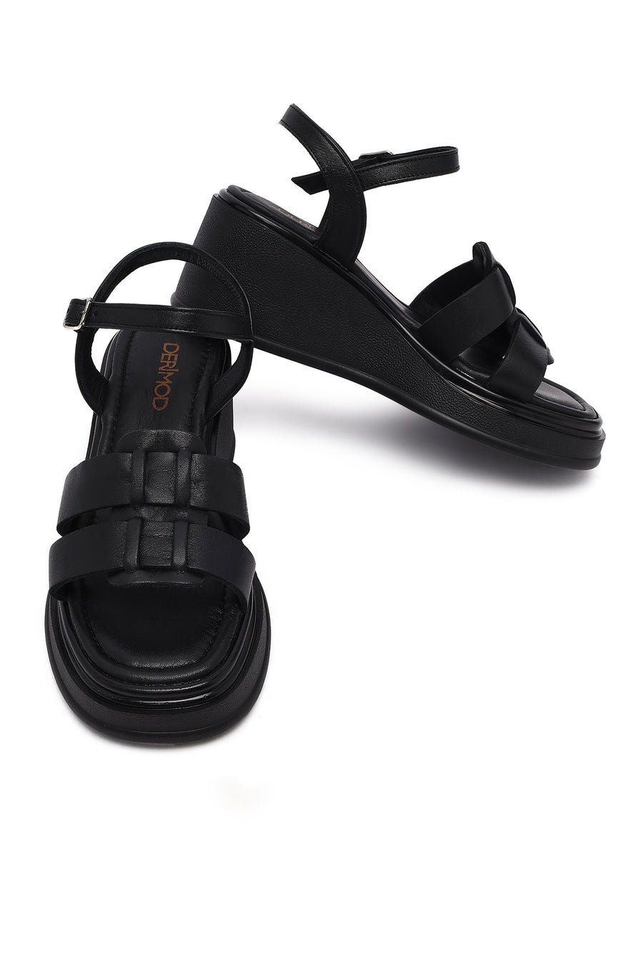 Women's Black Ankle Buckle Wedge Heel Leather Sandals